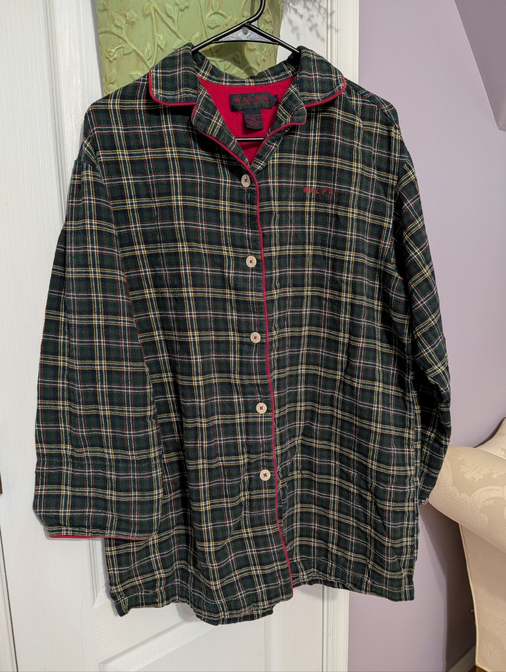 Vintage Ralph Lauren Plaid Button-Up Pajama Top - Green with Red Piping